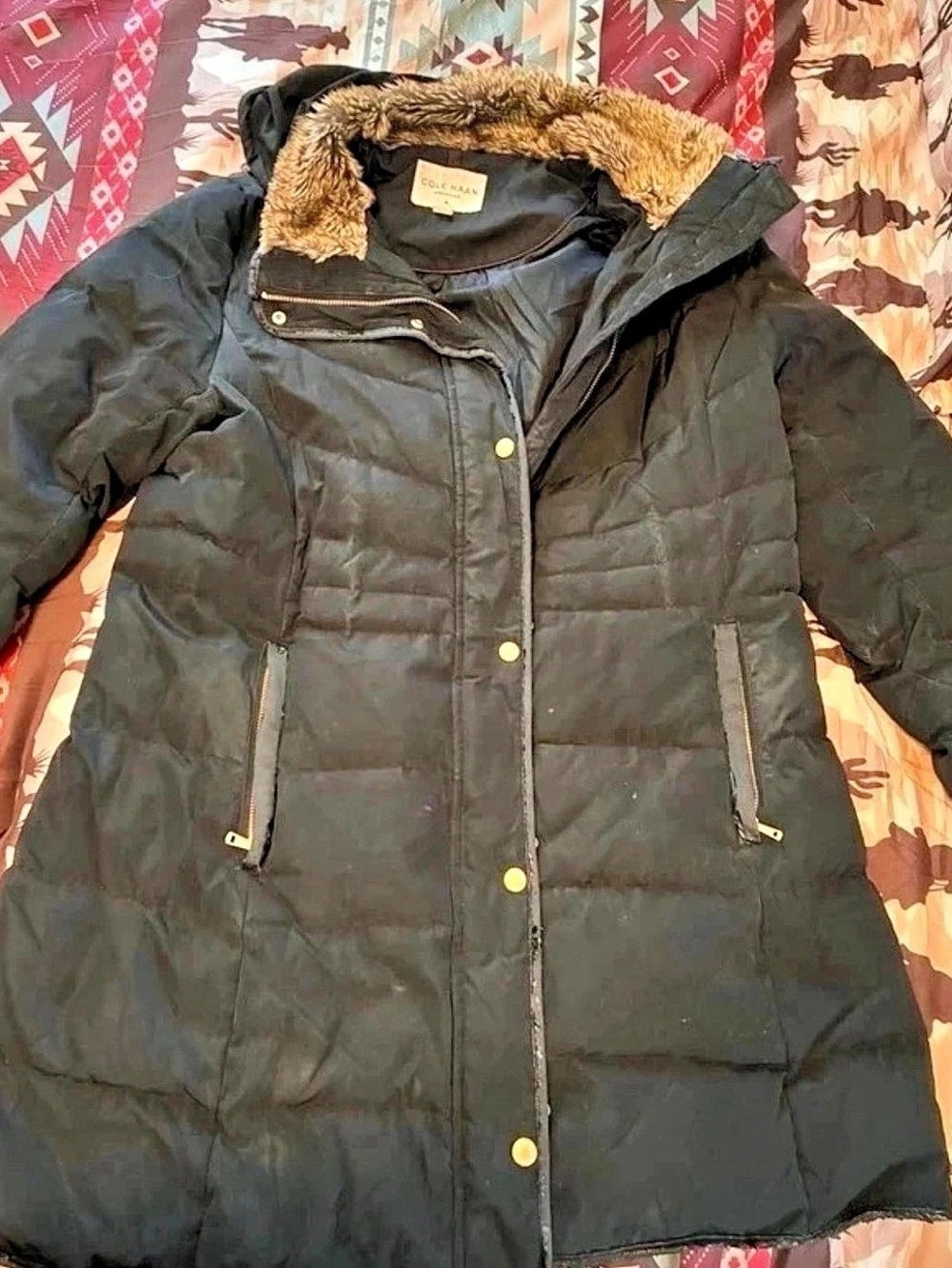 Cole Haan Faux Fur Hooded Puffer in Black XL